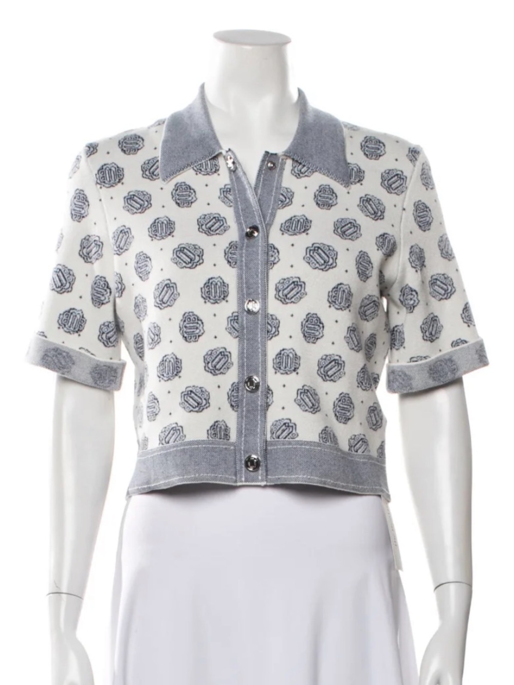 Maje Ivory & Blue Short-Sleeve Knit Cardigan Blazer